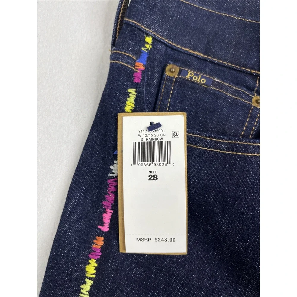Polo Ralph Lauren Womens Wide Leg Rainbow Stitch Denim Jeans 28x34 Dark Wash NEW